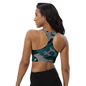 Longline sports bra Gray, Teal, and Black Camouflage - SAVANNAHWOOD