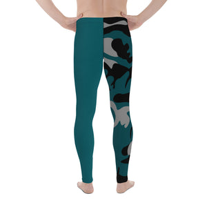 Gray, Teal and Black Camouflage One sided Men's Leggings - SAVANNAHWOOD