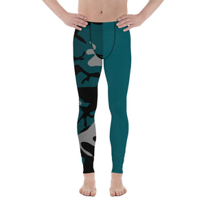 Gray, Teal and Black Camouflage One sided Men's Leggings - SAVANNAHWOOD