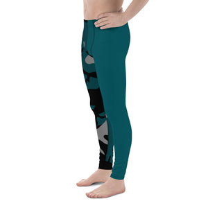 Gray, Teal and Black Camouflage One sided Men's Leggings - SAVANNAHWOOD